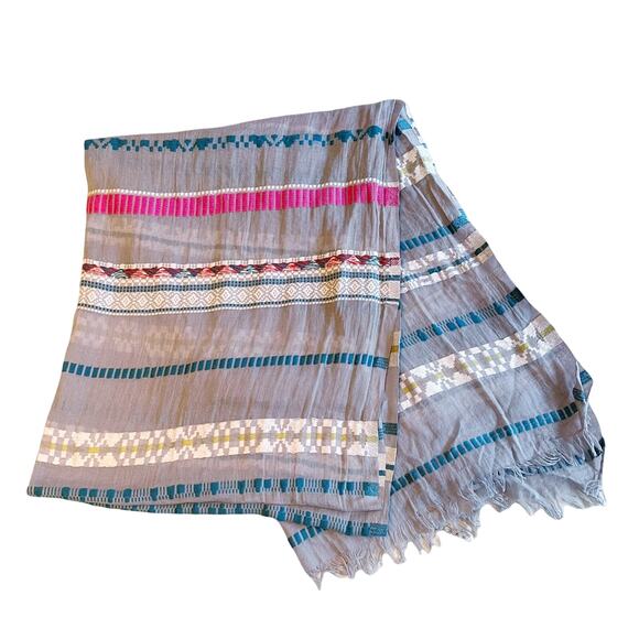 Rectangle Scarf Boho Embroidered Lightweight Gauze Gray Multicolor Trims Raw Hem - Picture 2 of 7